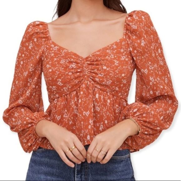 ASTR The Label Nordstrom Long Sleeve Sweetheart Top Rust Multi Floral XL NWT - Picture 2 of 12